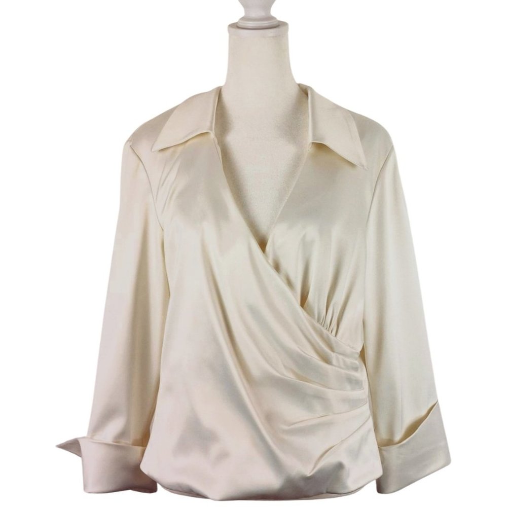 Vtg JS Collection Faux Wrap Ivory Plunge Blouse Size 12